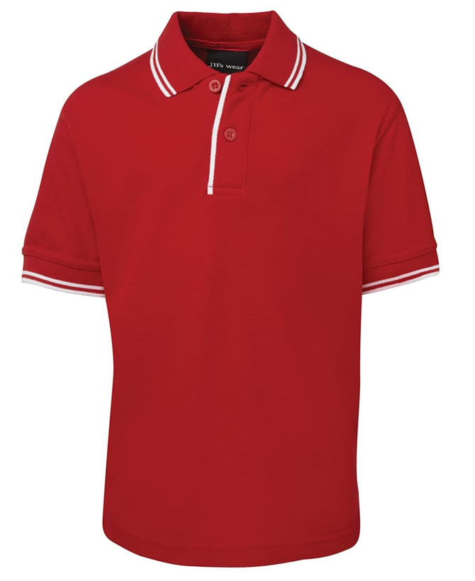 A red polo shirt with contrast white stripes on the collar and sleeves, featuring a buttoned placket and a logo.