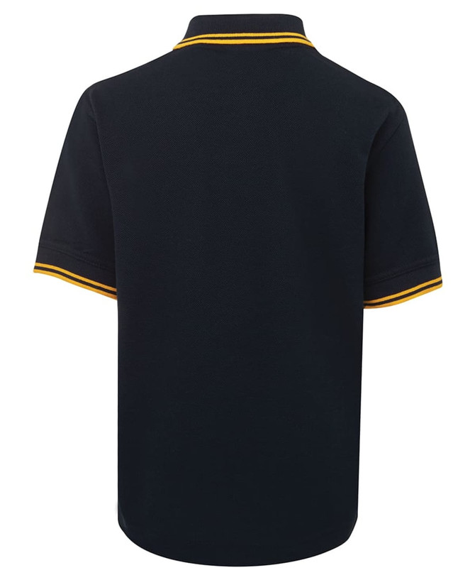 A navy polo shirt featuring contrasting yellow trim on the collar and sleeves, with a logo on the front.