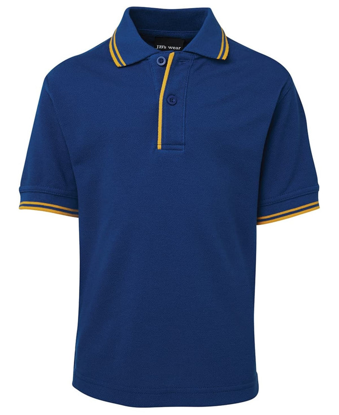 A royal blue polo shirt with yellow contrast detailing on the collar and sleeves. It features a buttoned placket and a logo.