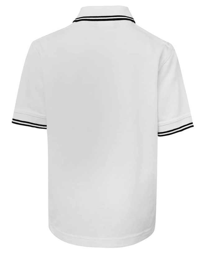A back view of a white polo shirt featuring black contrast stripes on the sleeves and collar. It has a logo.
