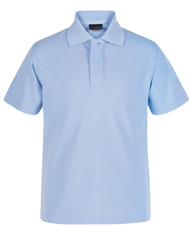 A light blue short-sleeve polo shirt with a collar and a button placket, featuring a logo on the chest.