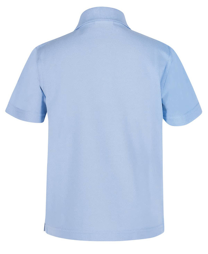 A light blue short-sleeved polo shirt featuring a collar and a logo.