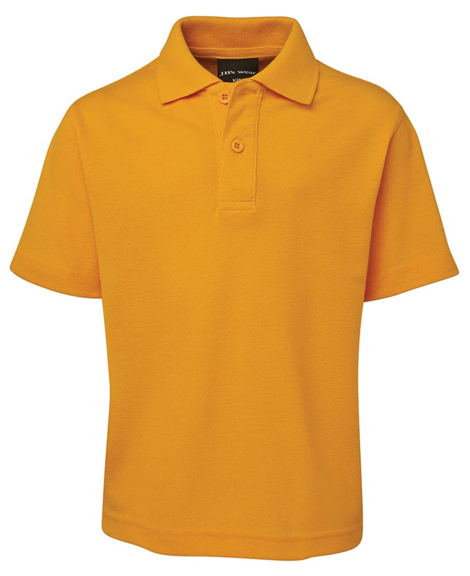 A bright yellow polo shirt with short sleeves and a classic collar, featuring a logo on the chest.