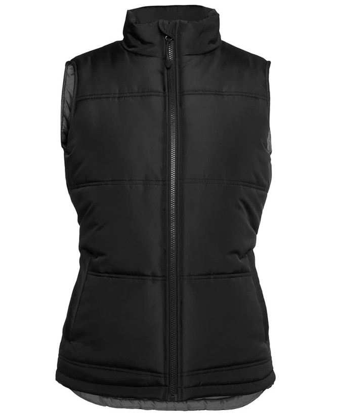 A black puffer vest with a zip front and padded design, featuring side pockets and a high collar.
