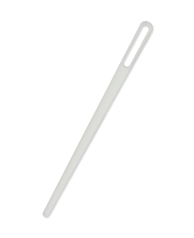 A slim, white threading needle with an elongated design and a large eye for easily threading drawcords.