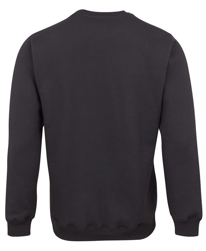 A black jumper with long sleeves and a round neckline, featuring a plain design and a label on the back.