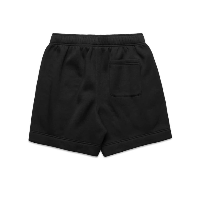 Black track shorts with an elastic waistband and a single back pocket, featuring a logo on the waistband.