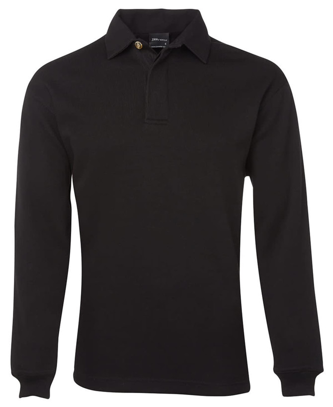 A black long-sleeve rugby shirt with a collared neck and a button. The shirt features a logo on one side.