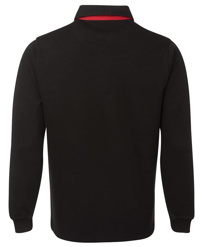 A two-tone black rugby shirt with a red collar, featuring long sleeves and a logo on the front.