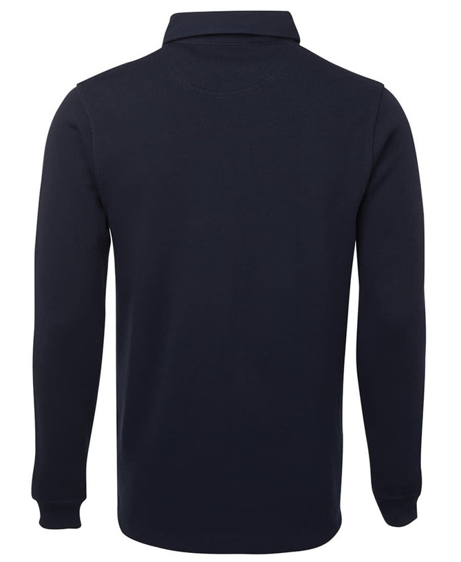 A navy two-tone rugby shirt with long sleeves and a polo collar, featuring a logo.
