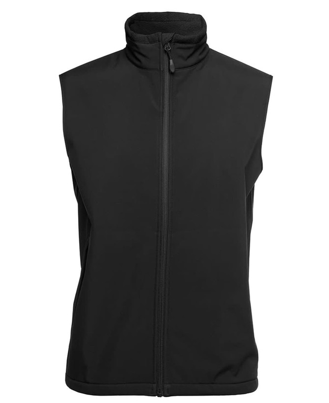 A black three-layer softshell vest with a high collar and a front zipper, featuring a logo.