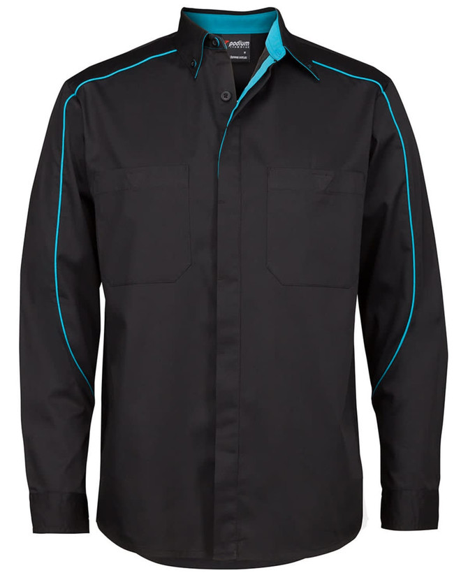 A black button-up shirt featuring contrasting turquoise detailing and two chest pockets. It has a logo on the label.