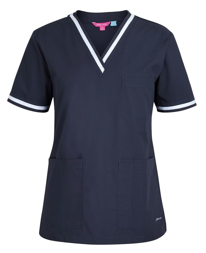 Navy scrub top featuring a V-neck design, short sleeves, and white contrast stripes, with pockets and a logo.
