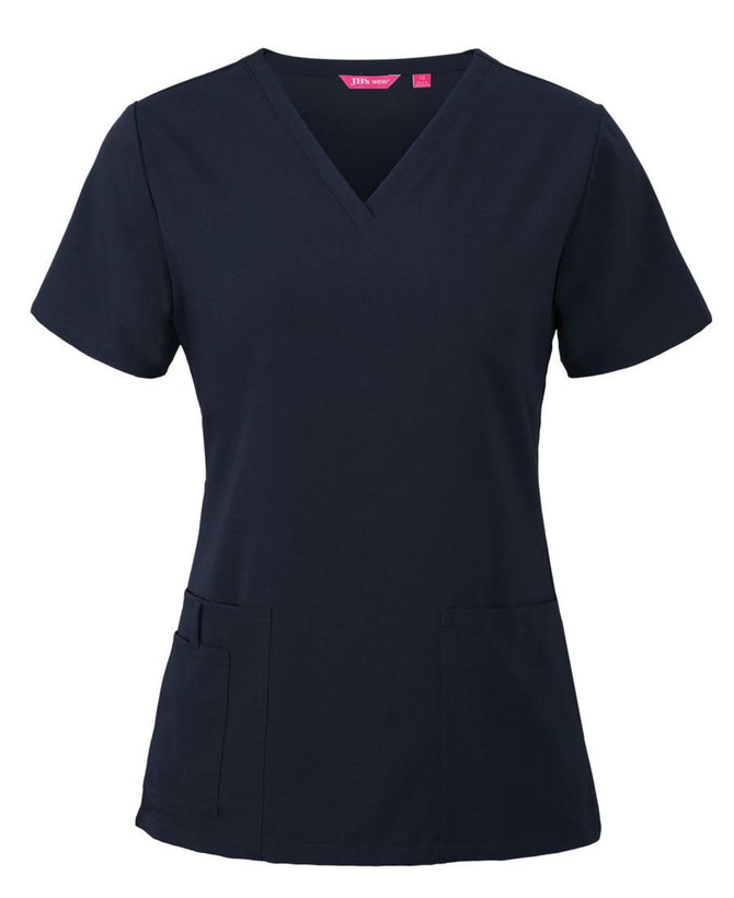 A navy blue scrub top with short sleeves, featuring a V-neck and two front pockets. It includes a branding logo.