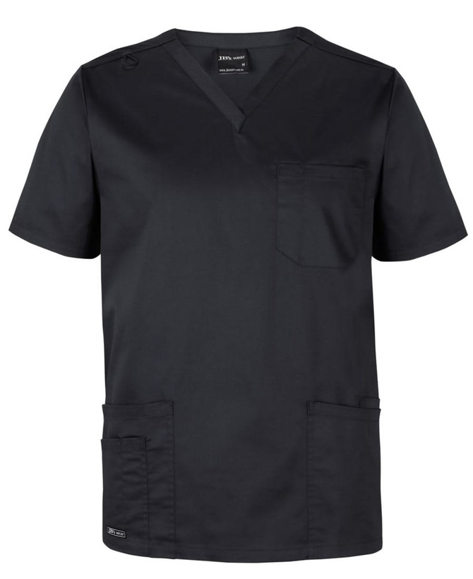 A black unisex scrub top featuring a V-neck, short sleeves, and multiple pockets. It has a branding logo.