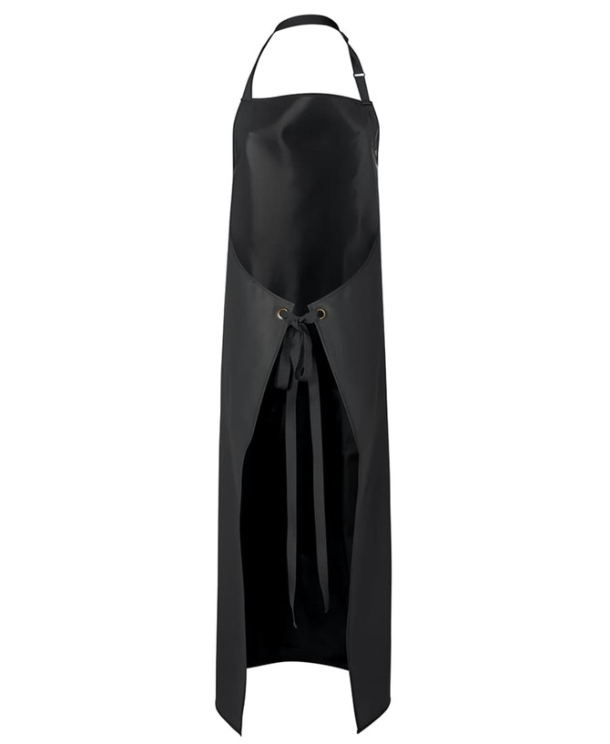 A black vinyl apron featuring an adjustable neck strap and waist ties, with a sleek, modern design.