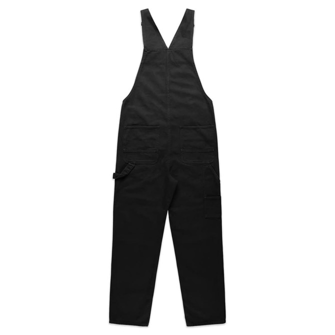 Black canvas overalls with adjustable straps and multiple pockets, featuring a logo on the fabric.