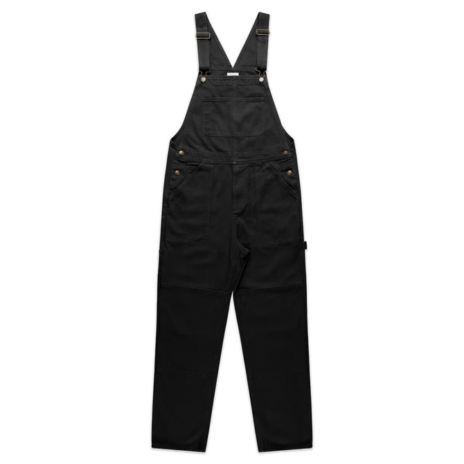 Black canvas overalls featuring adjustable straps, multiple pockets, and a logo on the side.