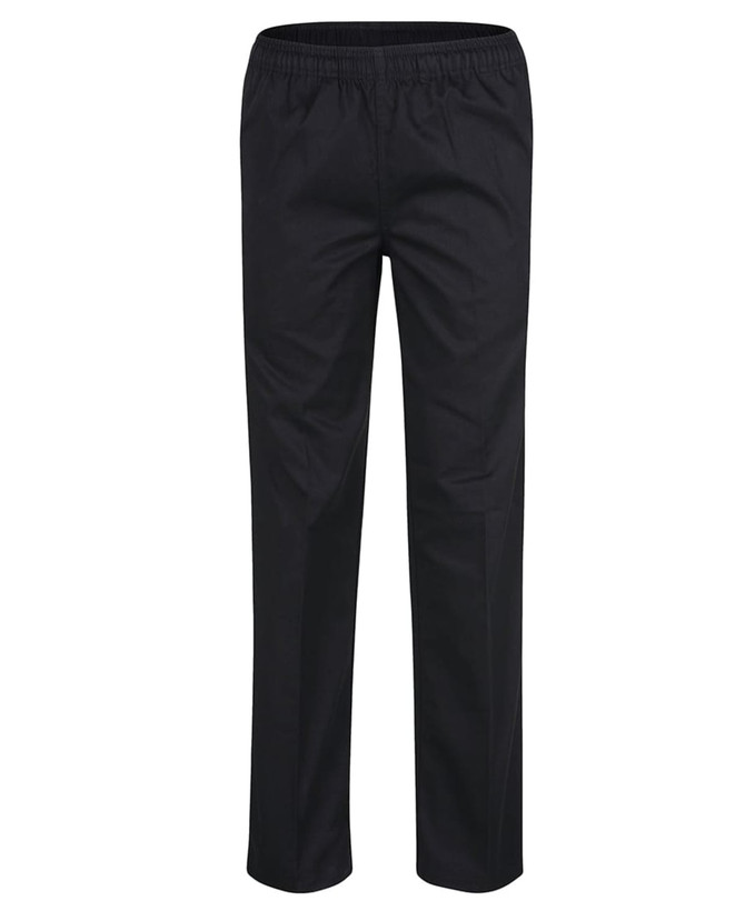 A pair of black elasticated chef pants featuring a simple design and an elastic waistband.