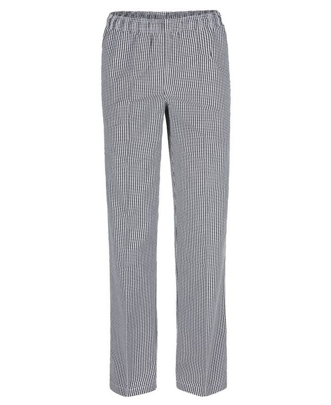 Elasticated chef pants in a black and white check pattern, featuring a relaxed fit and an elastic waistband.