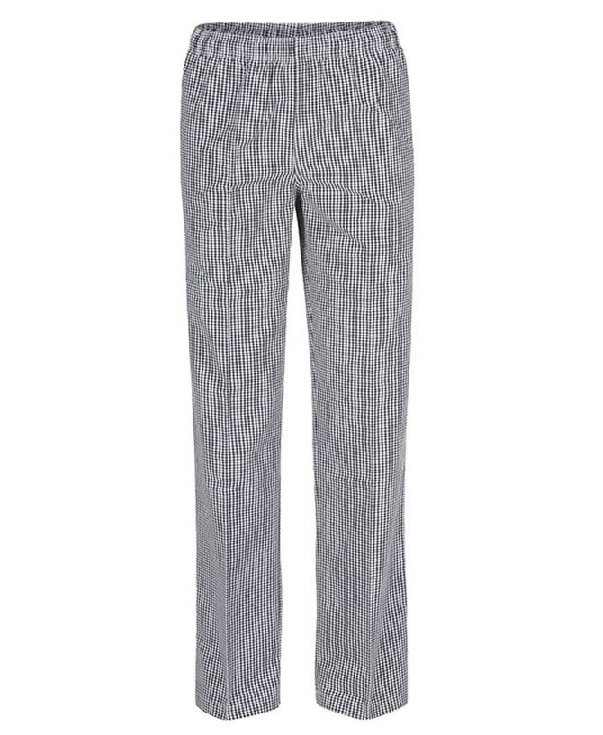 Elasticated chef pants in a black and white check pattern, featuring a relaxed fit and an elastic waistband.