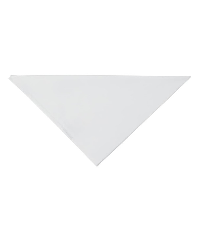 A triangular white chef's scarf with a branding logo. The fabric appears lightweight and smooth.