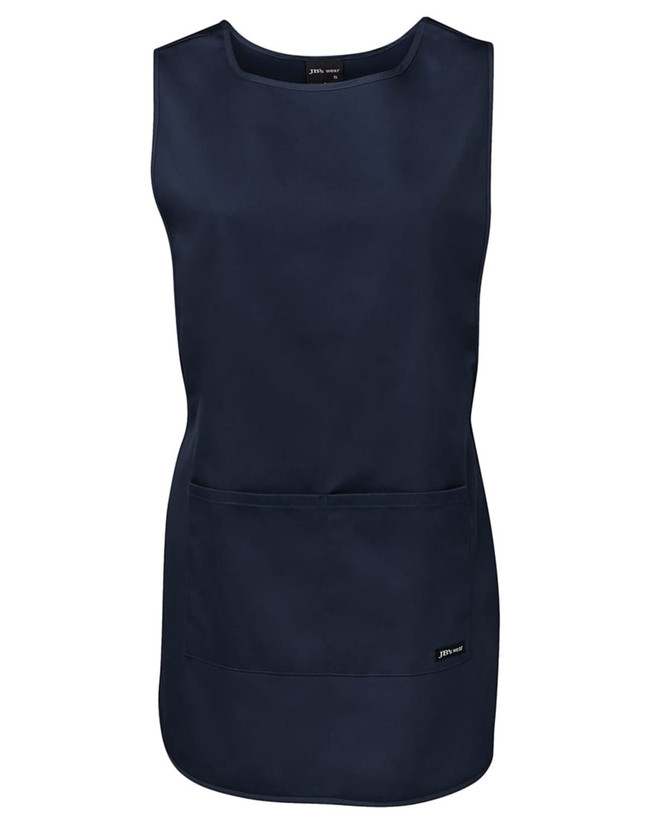 A navy smock with a simple sleeveless design and two front pockets. Features branding on one side.