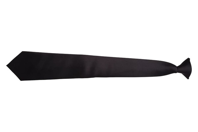 A black clip-on tie with a smooth finish and pointed end, ideal for formal occasions.
