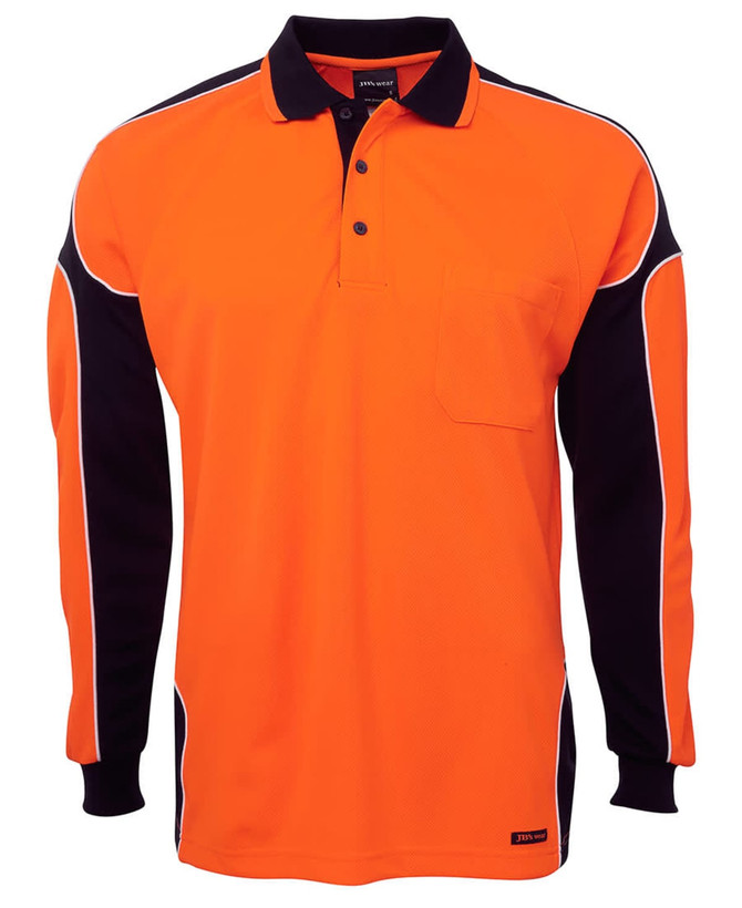 An orange and black long-sleeve polo shirt with a pocket and a logo. Designed for workwear.
