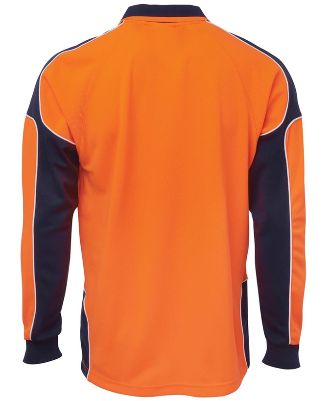 A long-sleeve polo shirt featuring orange and navy panels, with a logo on the collar. Ideal for workwear.