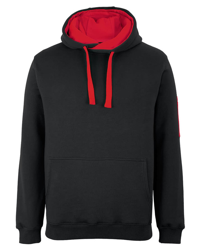 A black hoodie with a red inner lining and drawstrings, featuring a front pouch pocket and a logo.