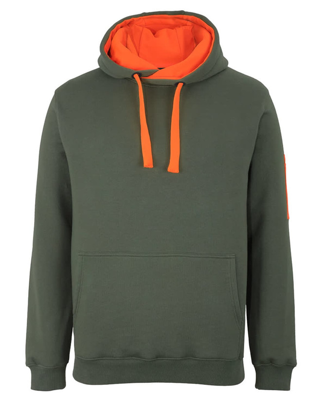 A green hoodie with an orange interior hood and drawstrings, featuring a front pocket and a logo.