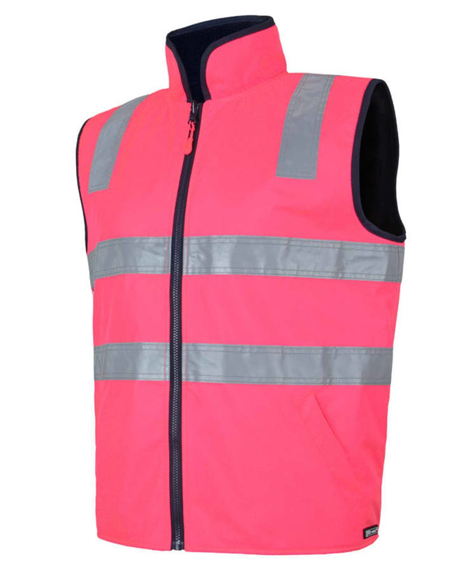 A pink safety vest featuring reflective stripes and a zippered front. It has a high collar and includes a logo.