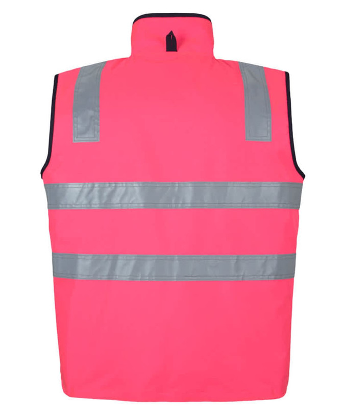 A pink safety vest featuring reflective stripes and a high collar. Includes a logo on the back.