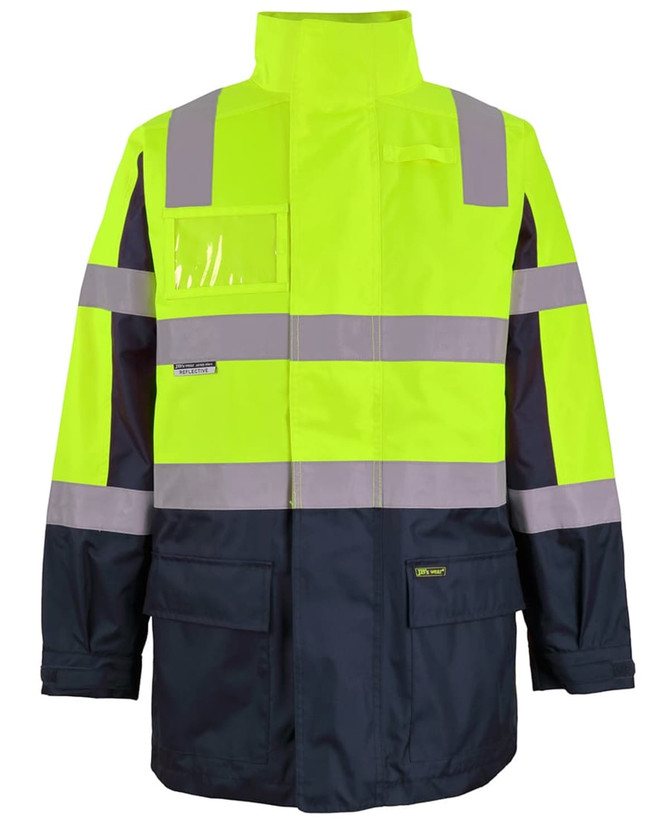 High-visibility jacket in vibrant yellow and navy, featuring reflective strips and a pocket. Includes a logo.