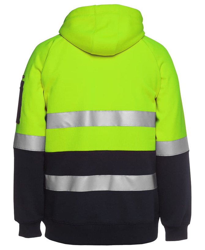 A bright yellow and navy fleece hoodie with reflective stripes and a hood, featuring a logo on the sleeve.