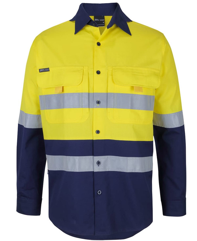 A long-sleeve, high-visibility fishing shirt in yellow and navy, featuring reflective stripes and pockets.