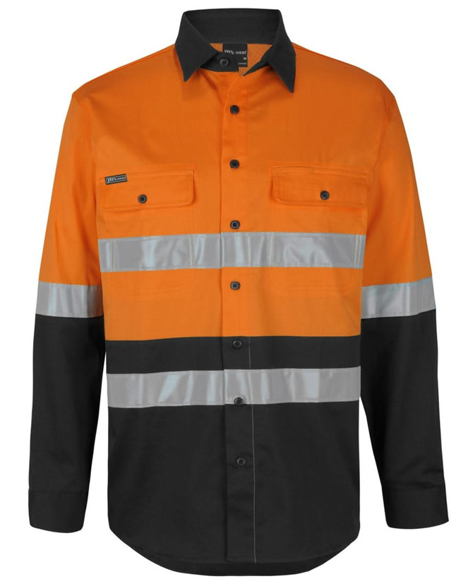 A long-sleeved work shirt in orange and black featuring reflective tape and two front pockets. Includes a logo.