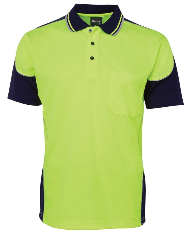 A neon yellow and navy work polo shirt featuring contrast piping and a chest pocket. It has a logo displayed.