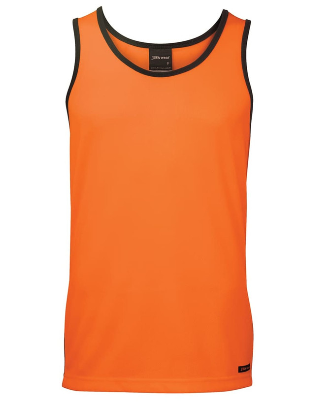 An orange work singlet with contrasting black trim and a brand logo on the hem.