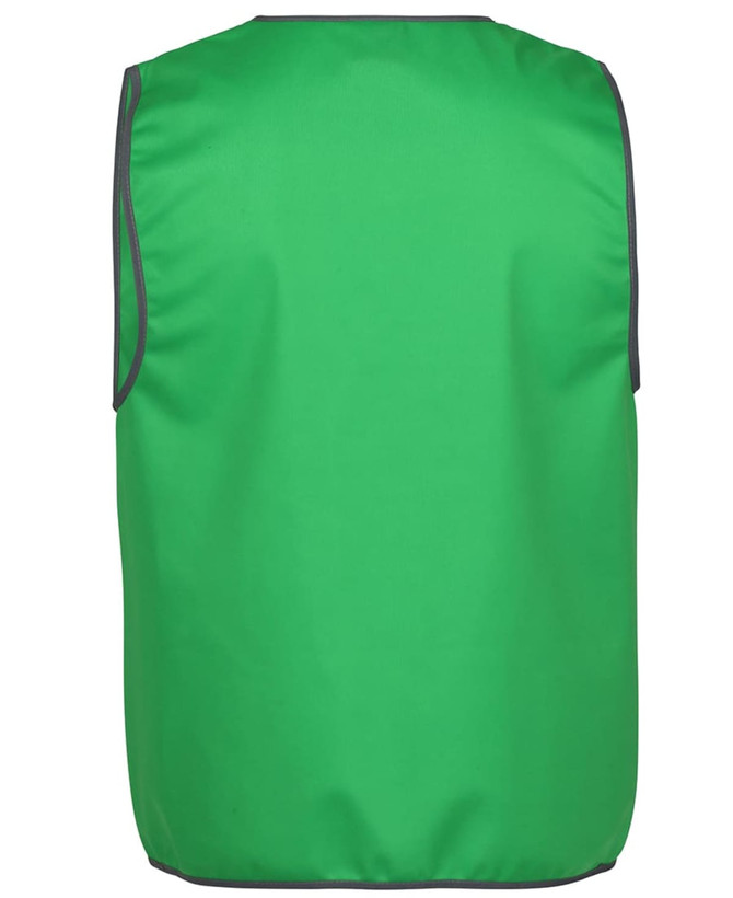 A green tricot vest with grey edging, designed for workwear. It features a simple, sleeveless design and has a logo.