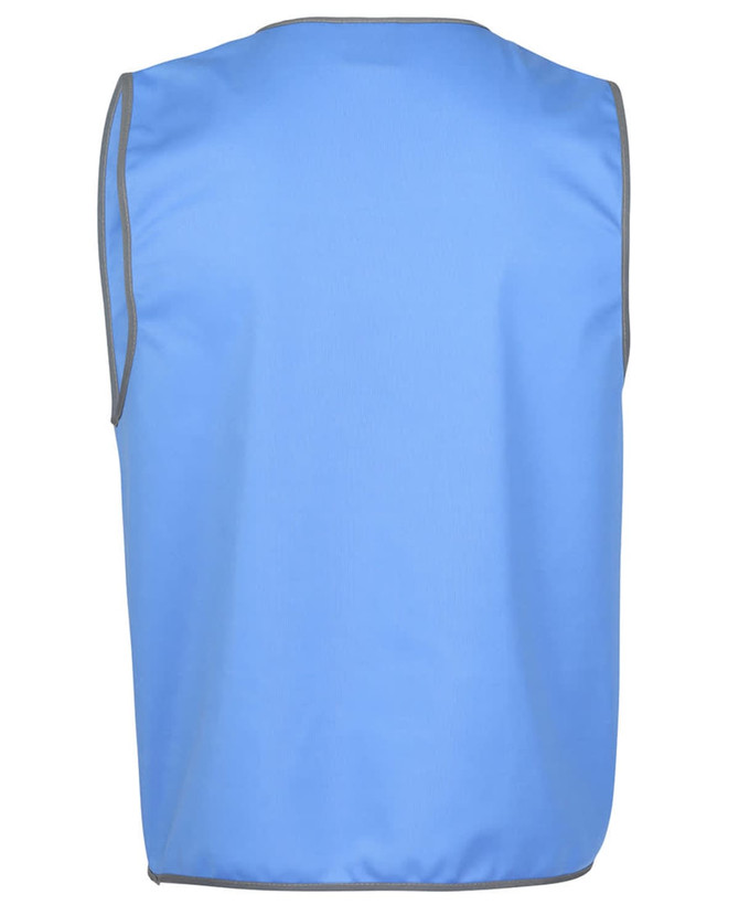 A blue work vest with grey trim and no sleeves. The back view highlights the simple design and material.