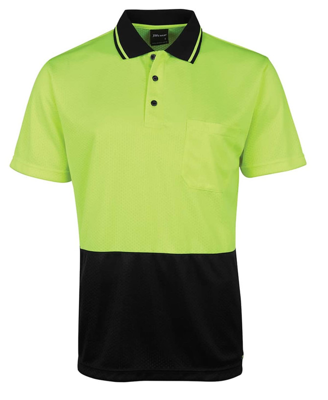 A bright yellow-green and black polo shirt with a collar and a small pocket, featuring a logo.