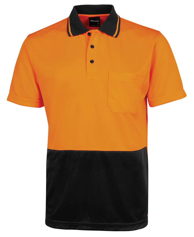 An orange and black Jacquard non-cuff polo shirt with a chest pocket and a branded logo.