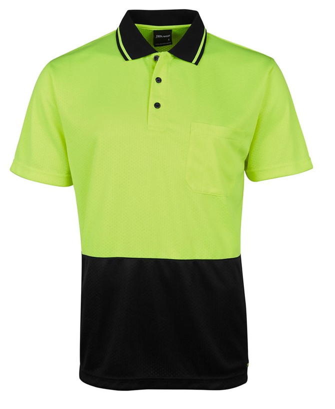 A bright yellow and black polo shirt with a pocket and a logo, designed for workwear settings.