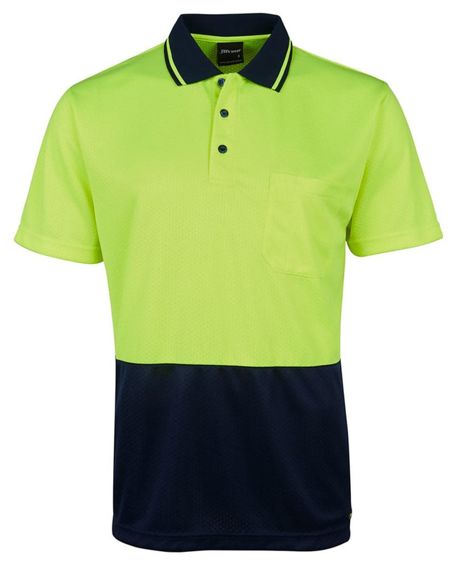 A bright yellow and navy polo shirt with a pocket, featuring a logo and a non-cuff design.