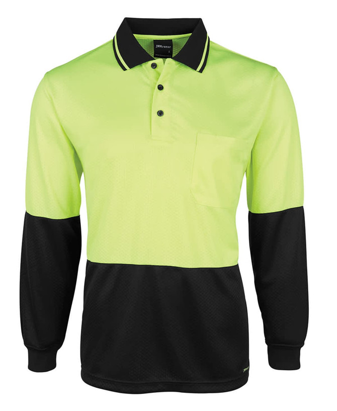 A long-sleeved polo shirt in high visibility lime green and black, featuring a pocket and a logo.