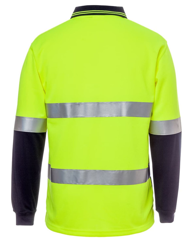 A high-visibility long-sleeve polo in bright yellow, featuring reflective stripes and navy blue sleeves.
