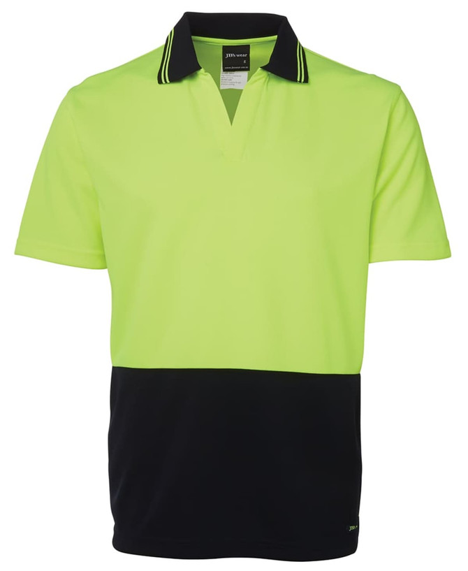 A short-sleeved polo shirt in high visibility yellow with a black lower section and a collar featuring contrasting stripes.