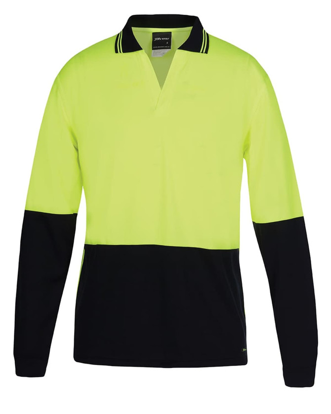 A long-sleeve polo shirt in lime and navy with a collar and a logo. Ideal for workwear.